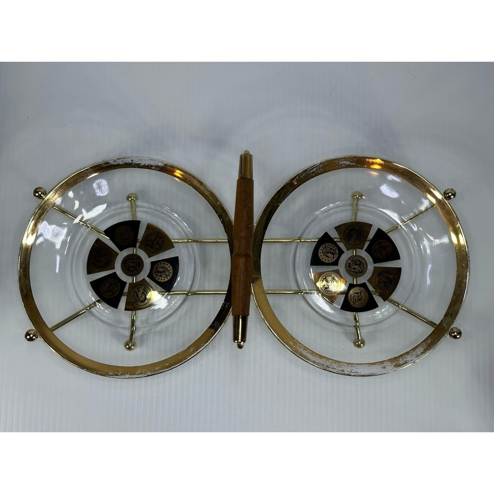 Vintage Cora Dual Platter Barware Black And Gold Timepiece Design MCM Shows Wear